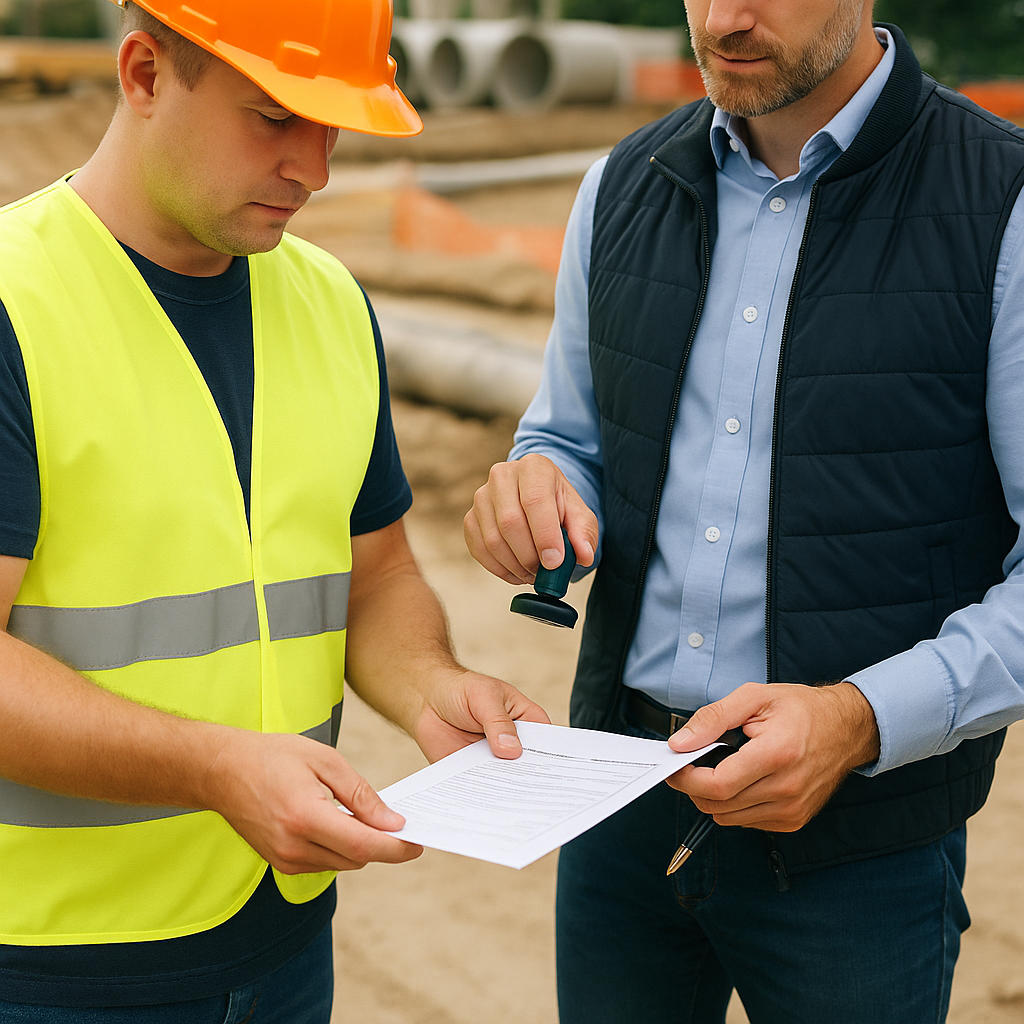 Kontrola jakości na inwestycji – inżynierowie w kaskach przy drodze